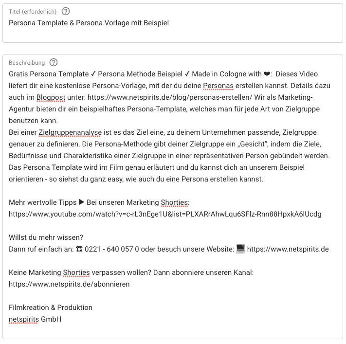 Beispiel: Titel und Beschreibung eines Videos