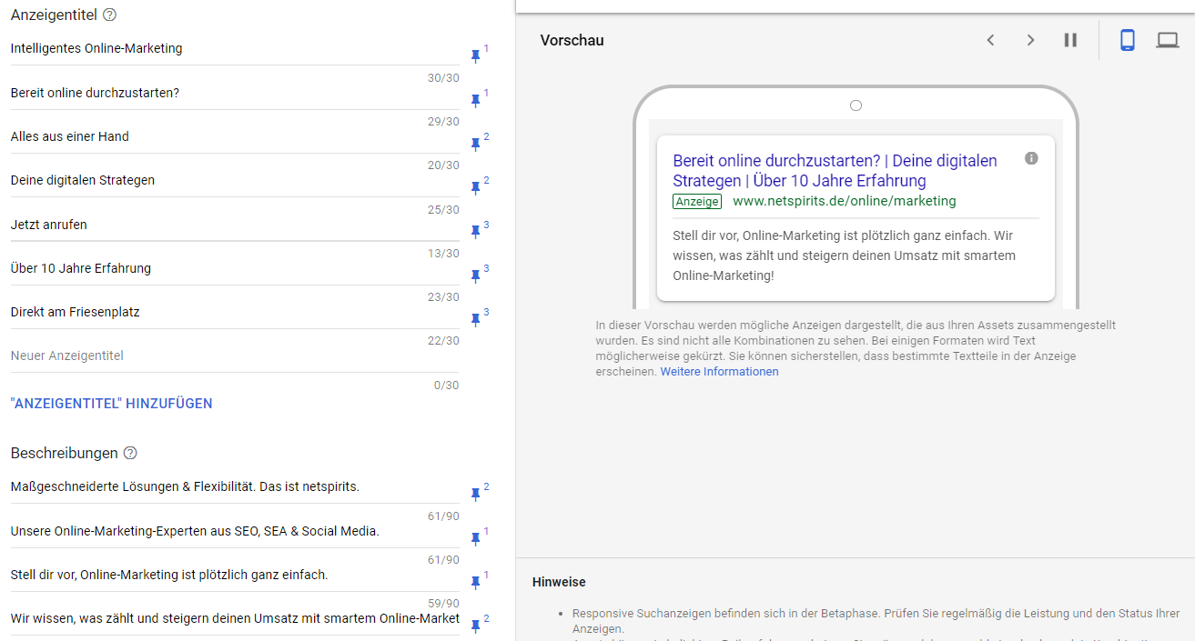 Einrichtung von responsiven Suchanzeigen