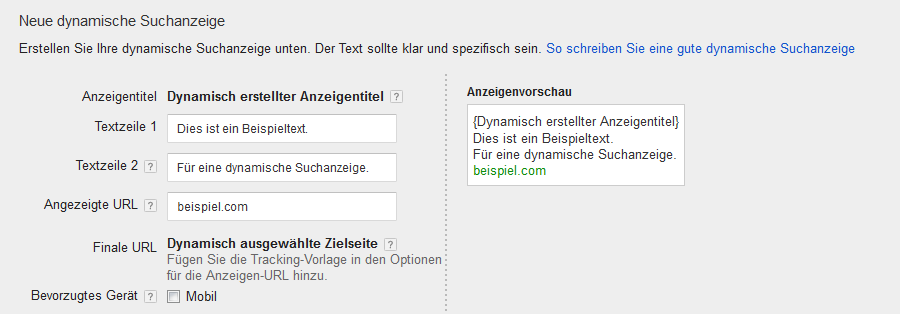 Format einer dynamischen Suchanzeige bei Google Ads