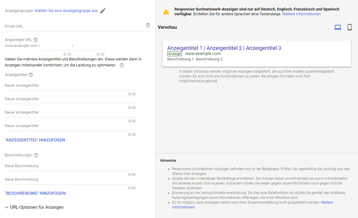 Format einer responsiven Suchanzeige bei Google Ads