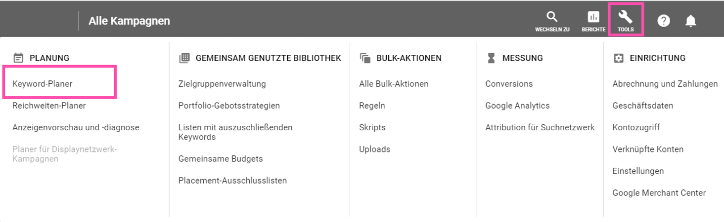 Den Keyword-Planer findet ihr in eurem Google-Ads-Konto